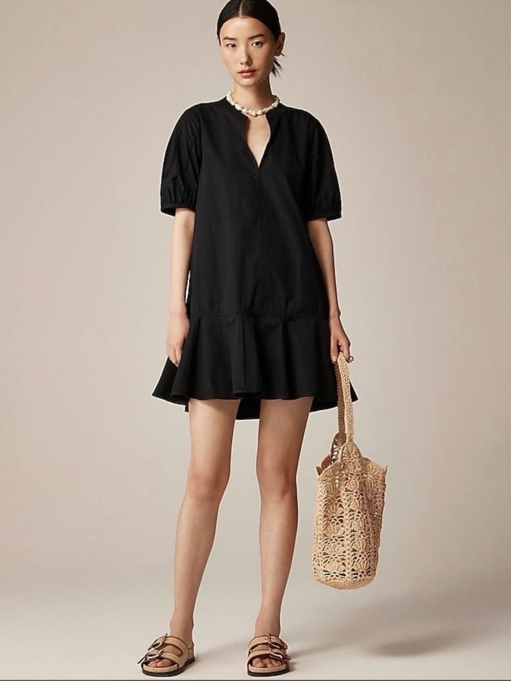 NWT - JCrew Black Delilah Mini Dress Cotton Poplin Short Puff Sleeve